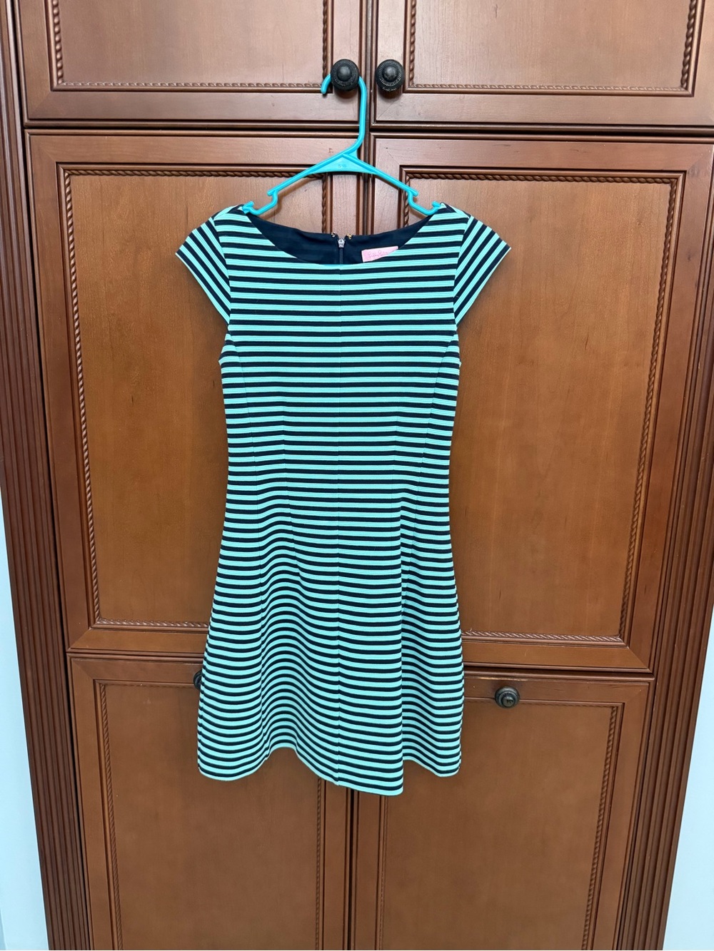 Women’s Navy and Aqua Striped Fit-and-Flare Dress